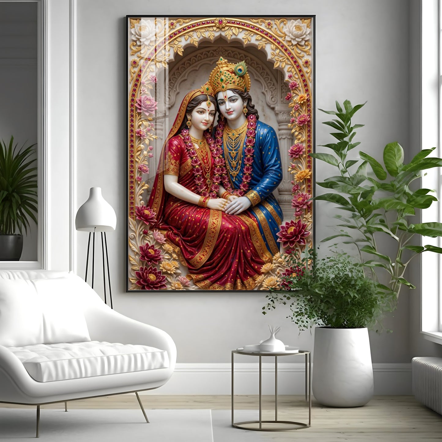 Depiction Of Radha Krishna Seated Together Premium Acrylic Vertical Wall Art