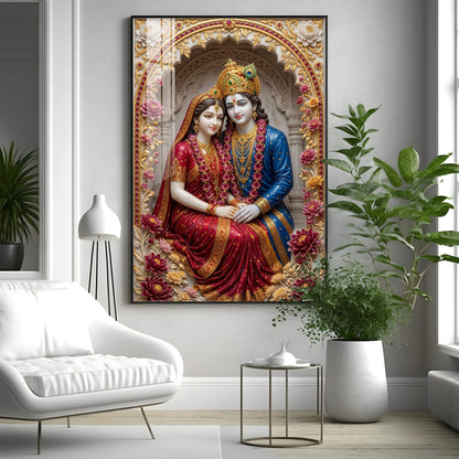 Depiction Of Radha Krishna Seated Together Premium Acrylic Vertical Wall Art