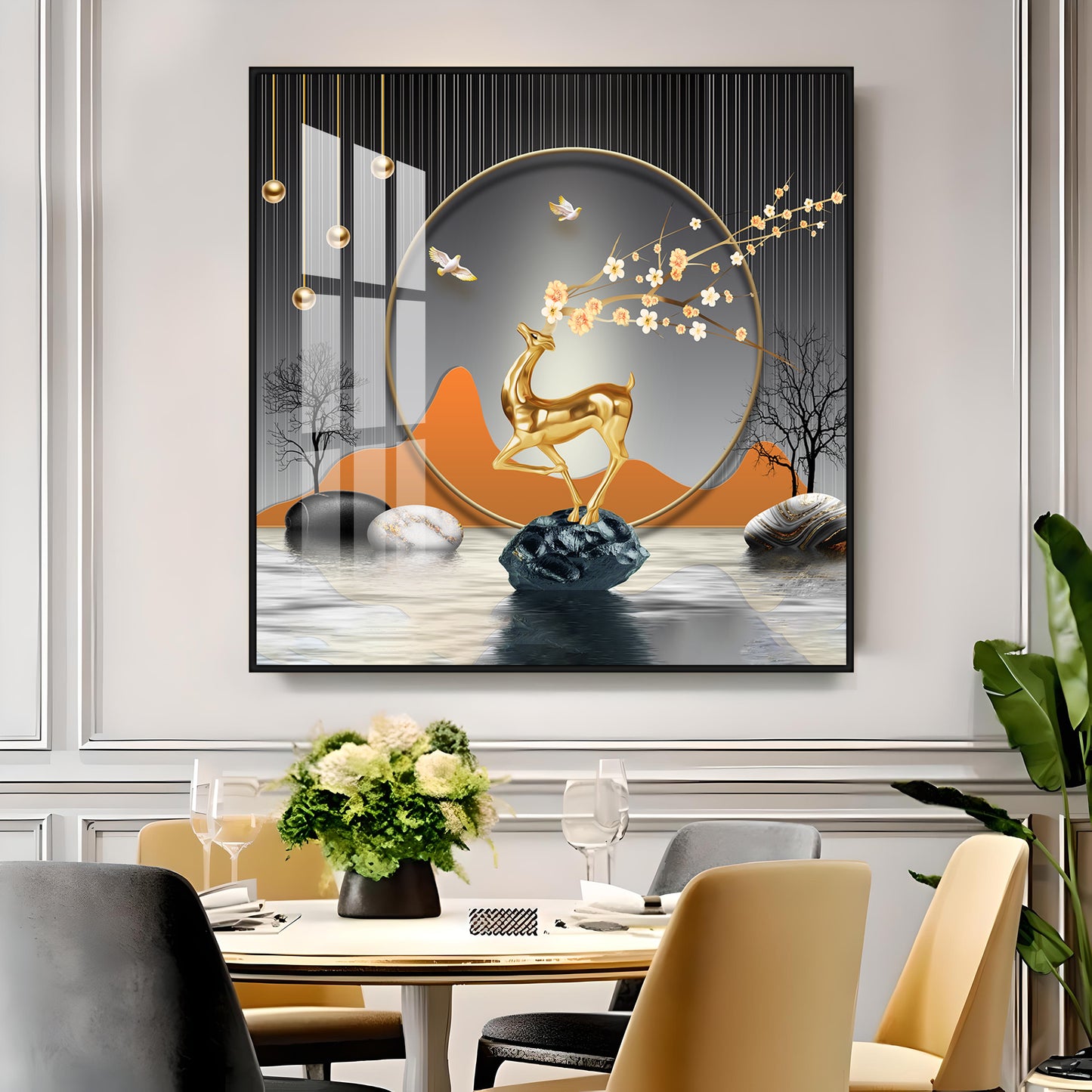 Golden Deer With Elegance Premium Acrylic Square Wall Art