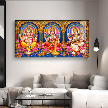 Divine Lord Ganesha, Goddess Saraswati & Goddess Lakshmi Premium Acrylic Horizontal Wall Art