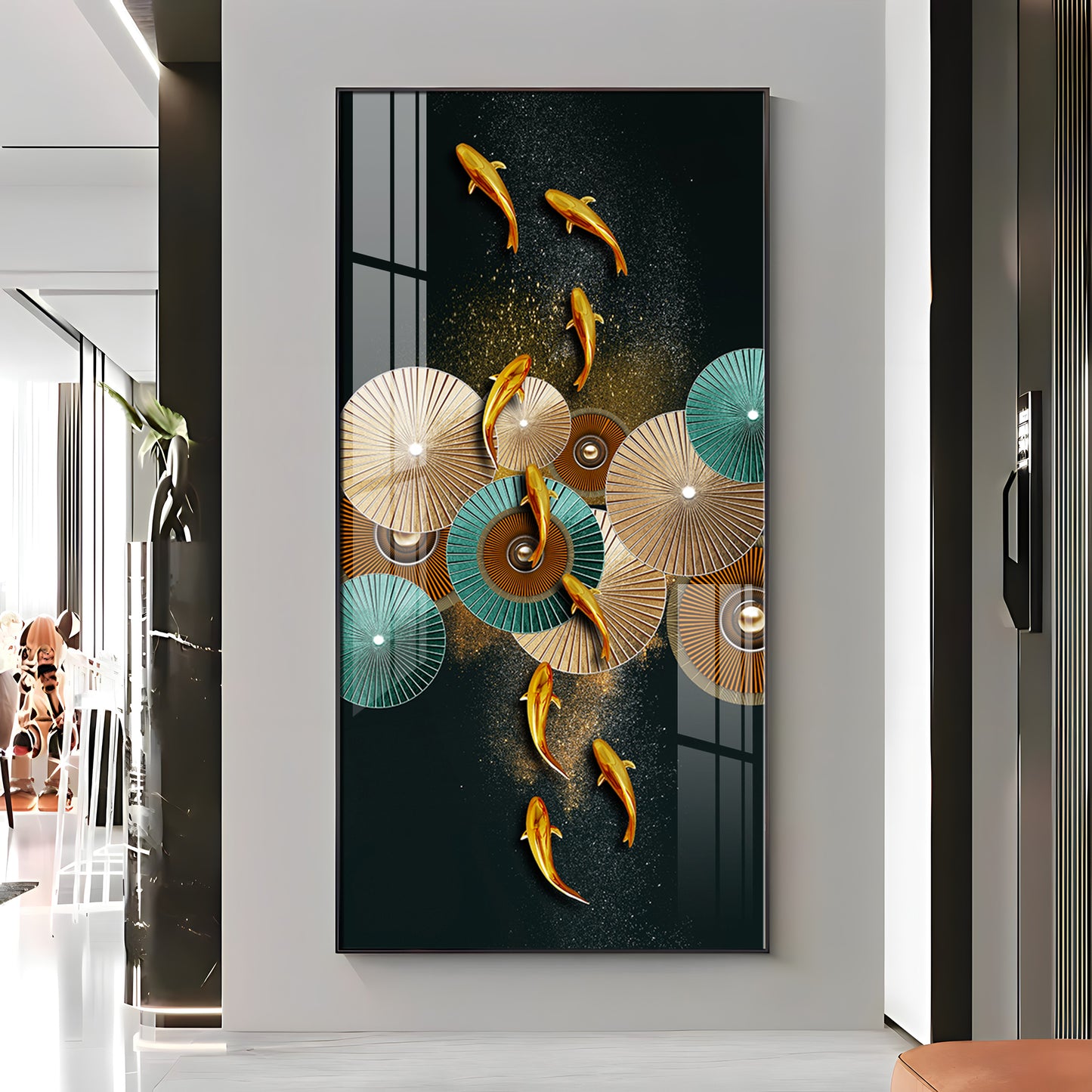 Koi Fish & Fan Designs Premium Acrylic Vertical Wall Art