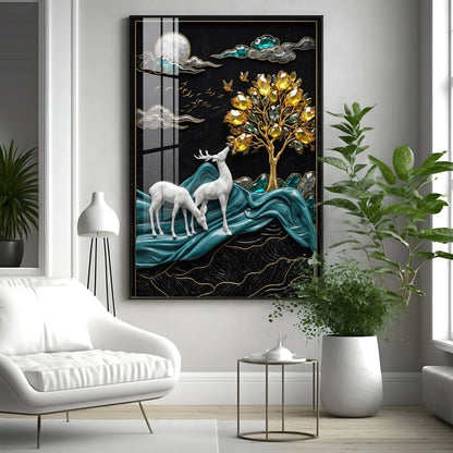 White Deers With Golden Tree Premium Acrylic Vertical Wall Art