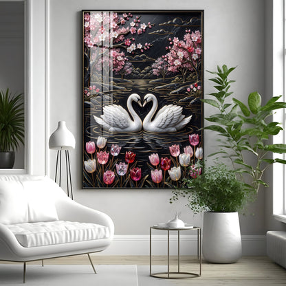 Swan Pair On A Pond Premium Acrylic Vertical Wall Art