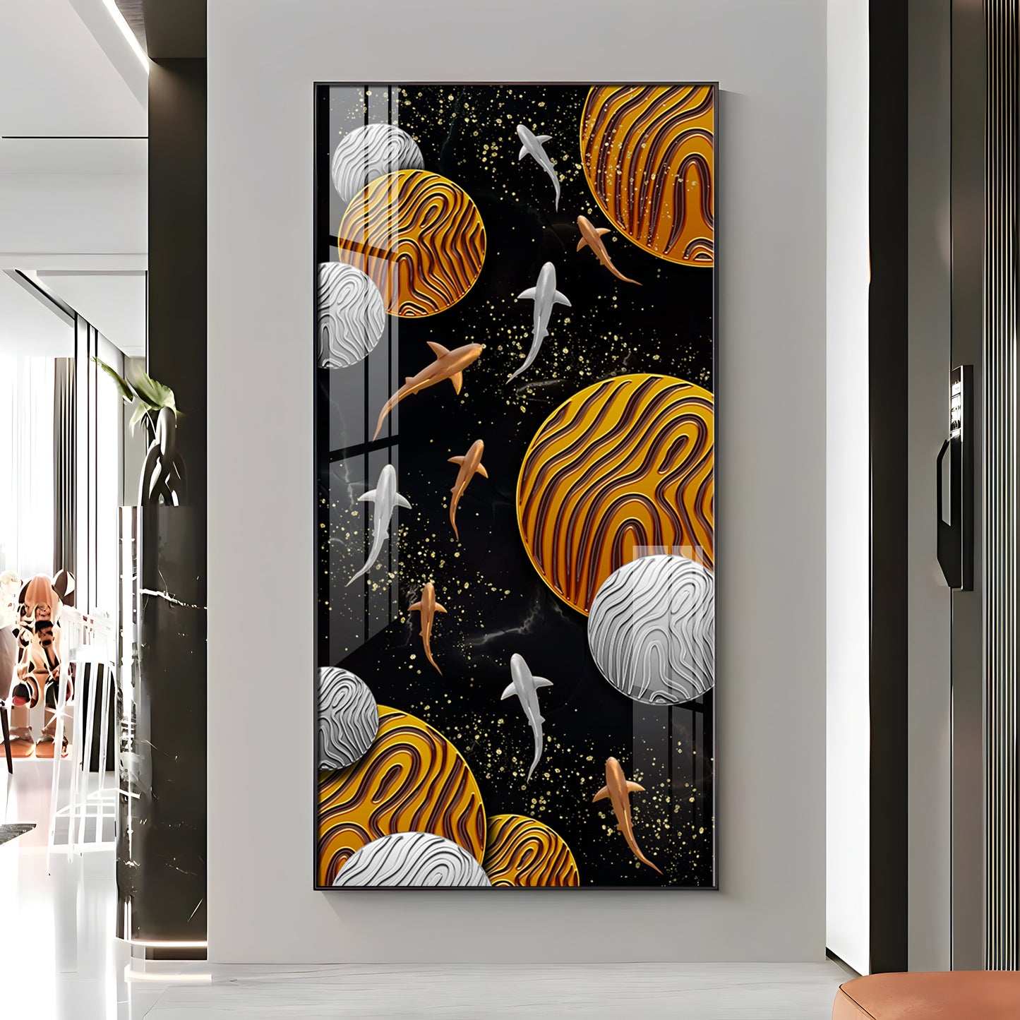 Circular Shapes With Fish Premium Acrylic Vertical Wall Art