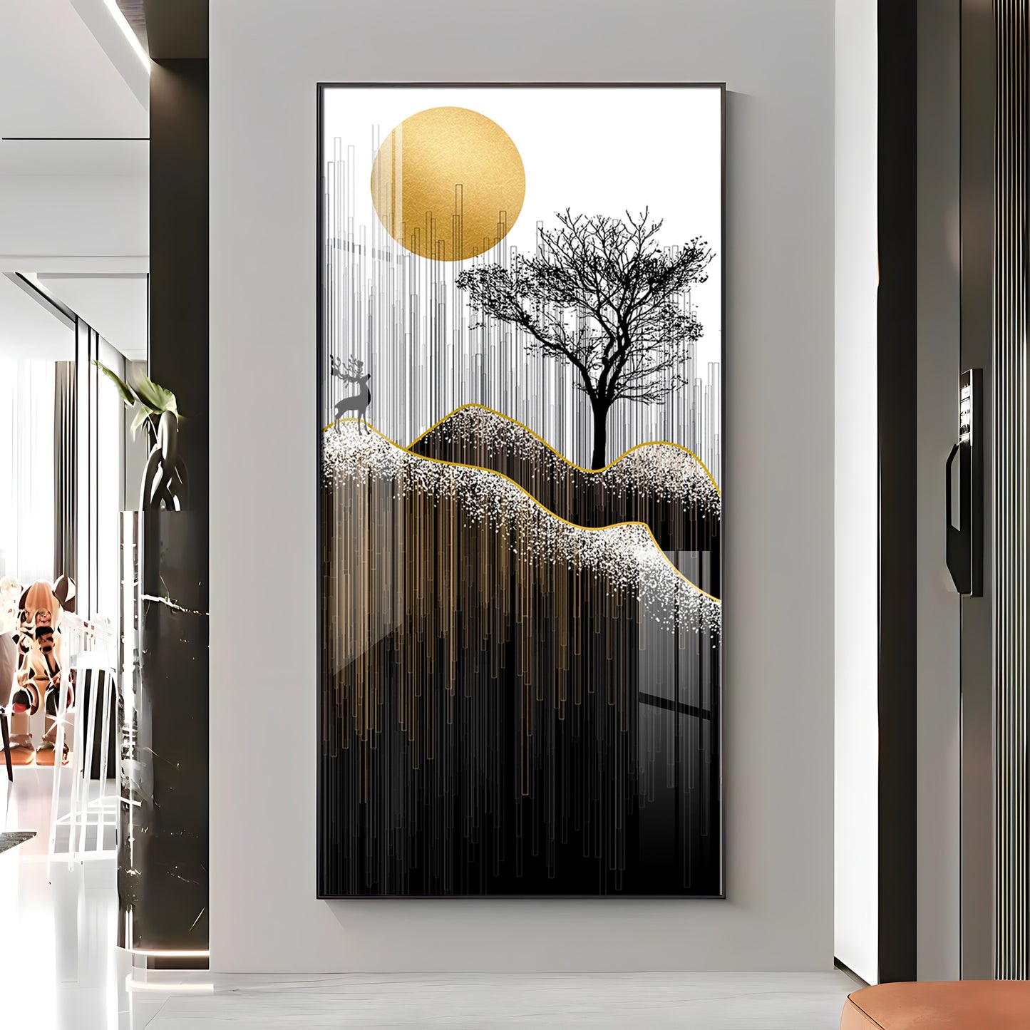 Gold Moon Stylized Black Tree Premium Acrylic Vertical Wall Art