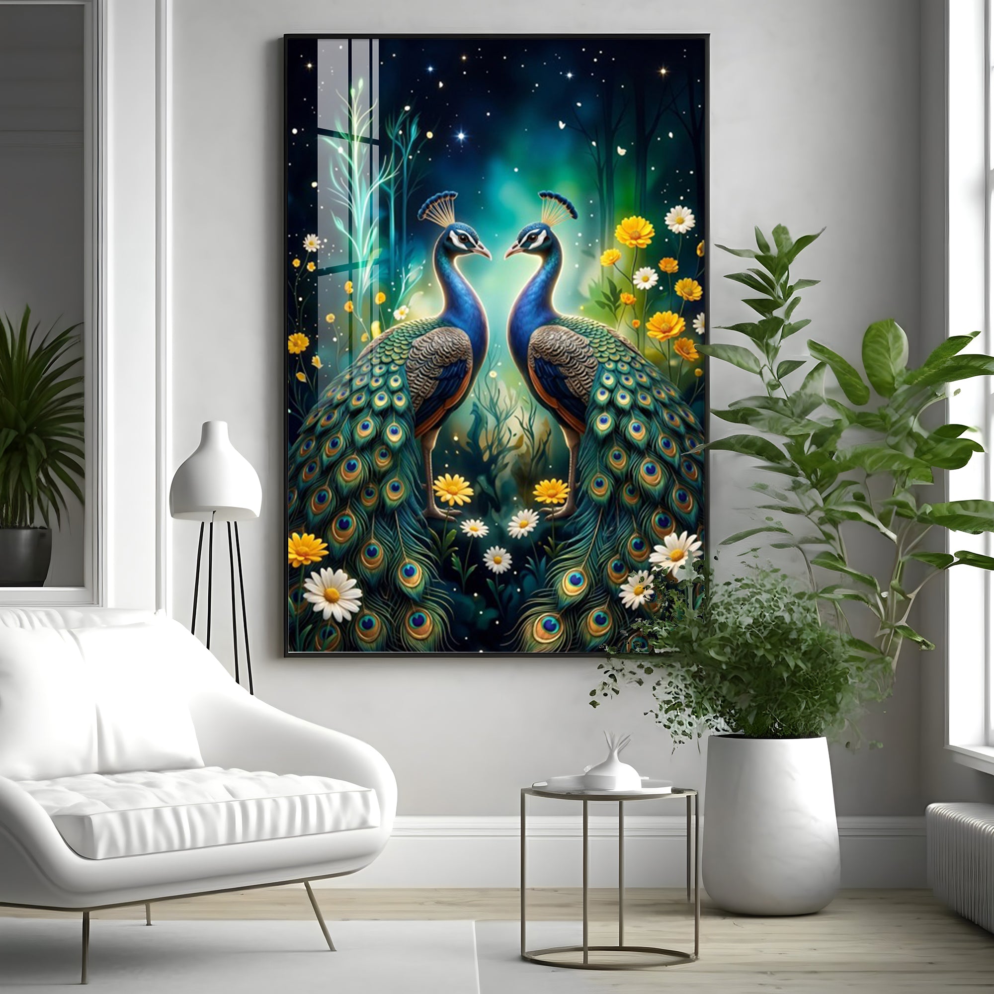 Two Peacocks With Flowers Premium Acrylic Vertical Wall Art