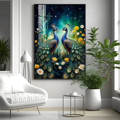 Two Peacocks With Flowers Premium Acrylic Vertical Wall Art