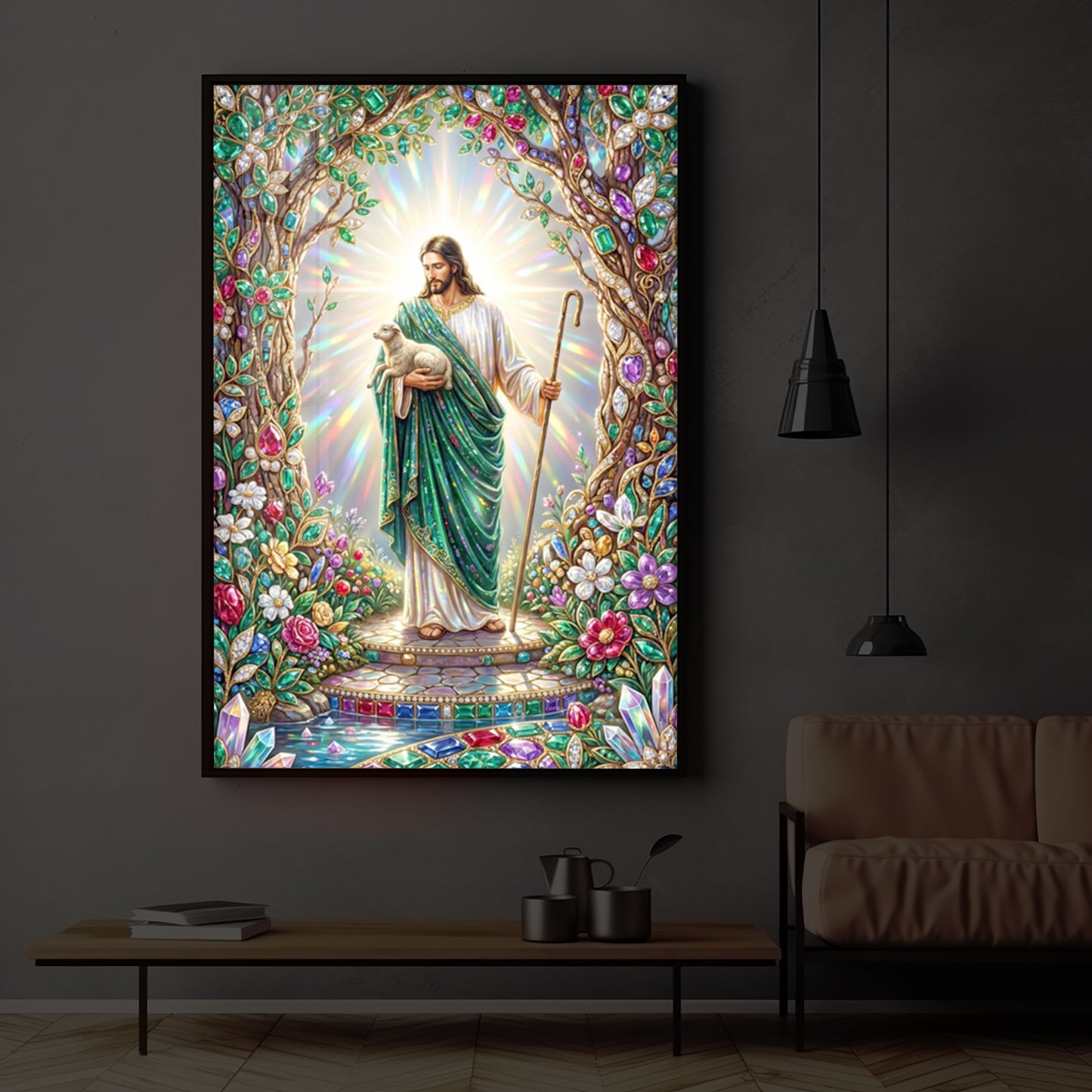 Divine Good Shepherd Jesus Modern Luxury Backlight Vertical Wall Art