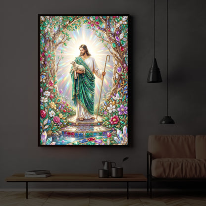 Divine Good Shepherd Jesus Modern Luxury Backlight Vertical Wall Art
