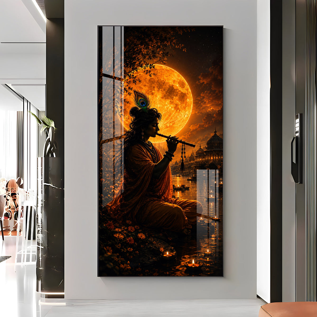 Lord Krishna Under Golden Full Moon Premium Acrylic Vertical Wall Art