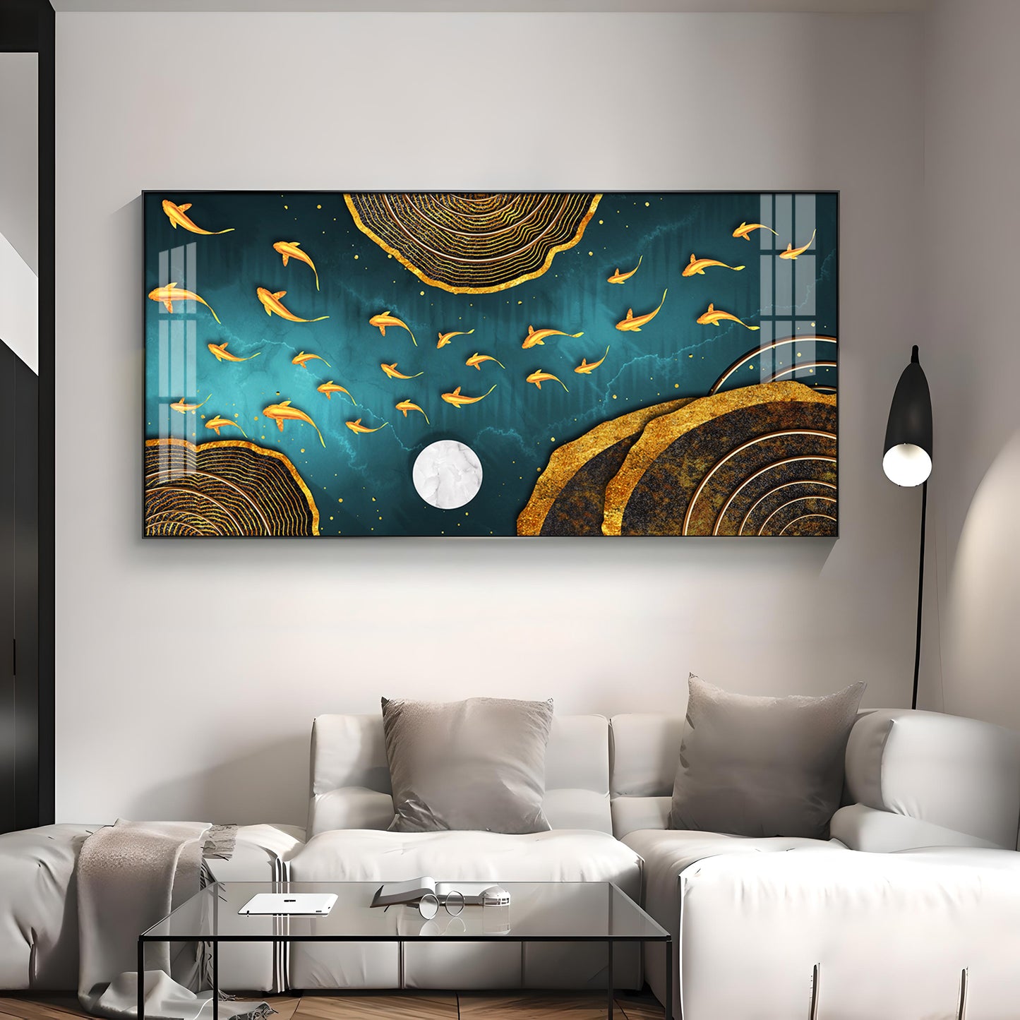 Features Golden Koi Fish Premium Acrylic Horizontal Wall Art