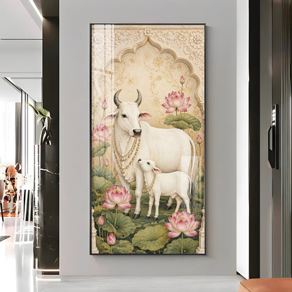 Divine Kamdhenu Cow with Calf Traditional Lotus Premium Acrylic Vertical Wall Art