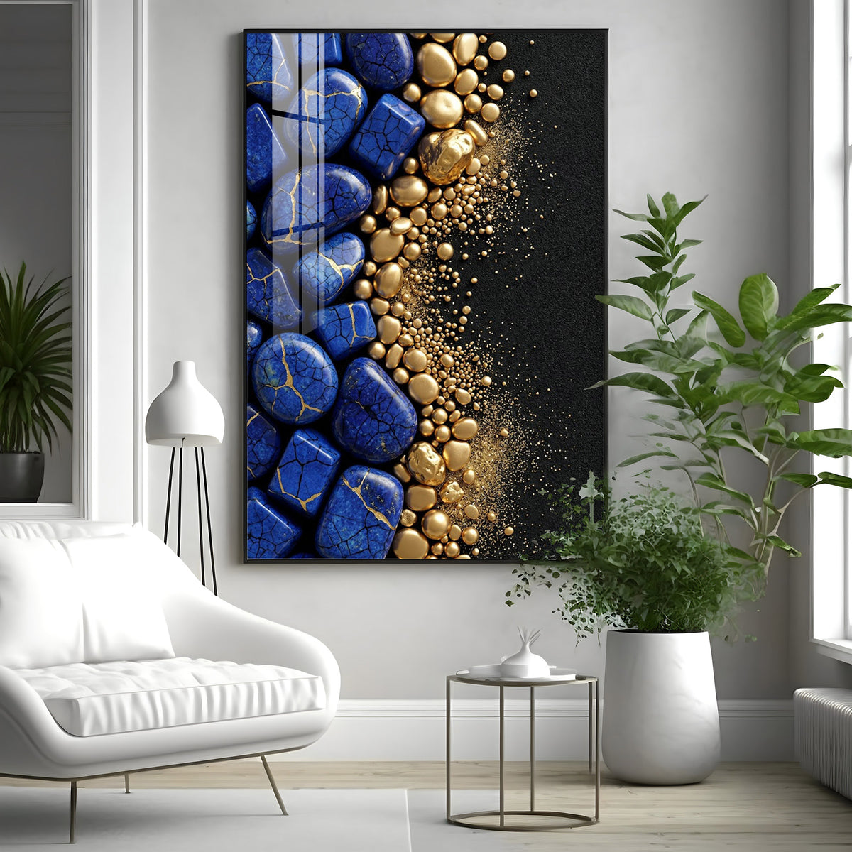 Royal Blue Stones & Gold Pebble Premium Acrylic Vertical Wall Art