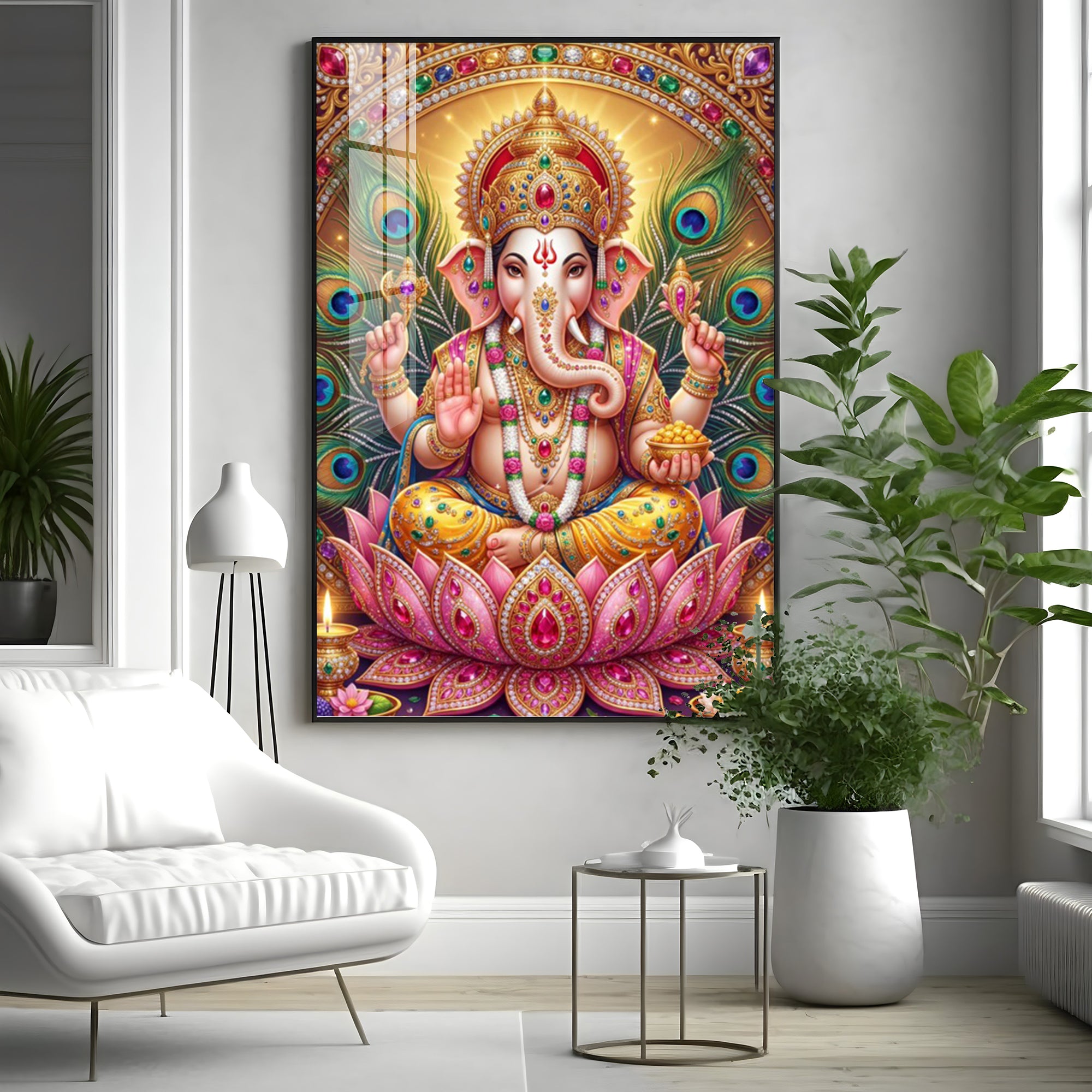 Lord Ganesha With Pink Lotus Premium Acrylic Vertical Wall Art