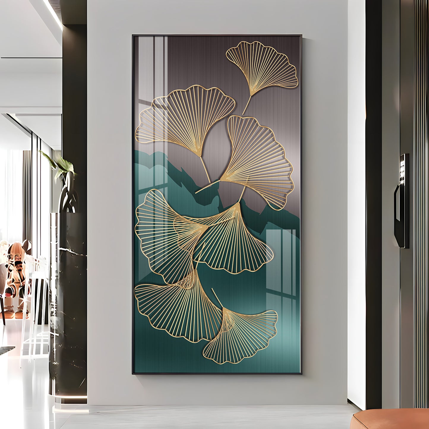 Golden Ginkgo Leaves With Dark green Premium Acrylic Vertical Wall Art