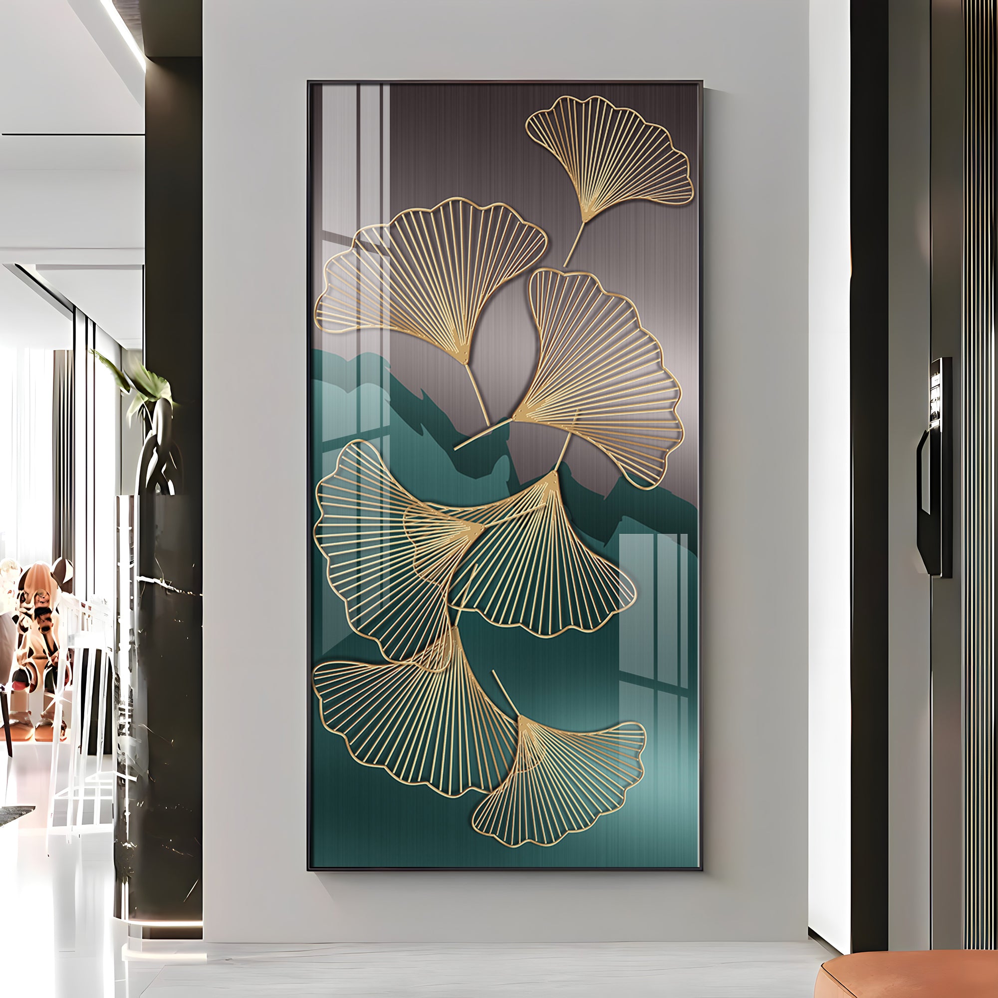 Golden Ginkgo Leaves With Dark green Premium Acrylic Vertical Wall Art