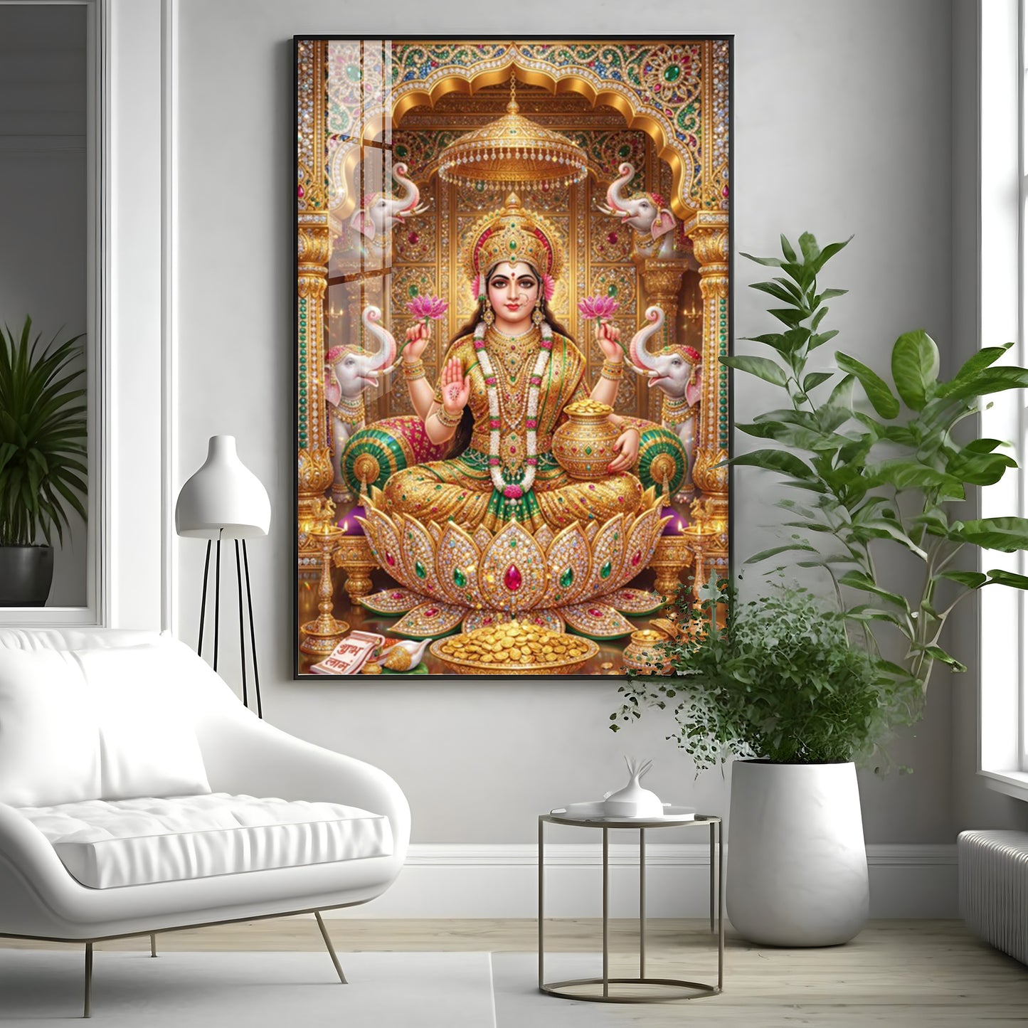 Goddess Lakshmi Seated On A Lotus Throne Premium Acrylic Vertical Wall Art