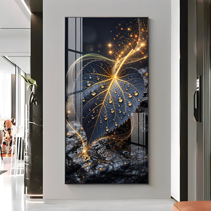 Golden Water Droplet Leaf Premium Acrylic Vertical Wall Art