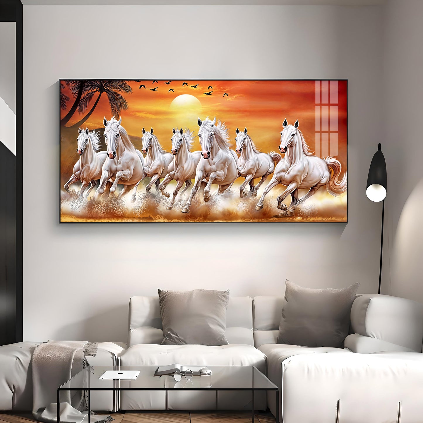 7 White Running Horses in The Sea With Sunrise Premium Acrylic Horizontal Wall Art