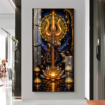 Divine Golden Trishul Premium Acrylic Vertical Wall Art