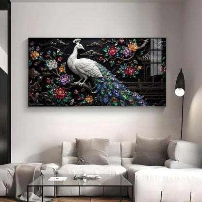 White Peacock With Colorful Background Premium Acrylic Horizontal Wall Art