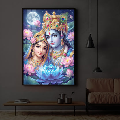 Radha Krishna Divine Togetherness Modern Luxury Backlight Vertical Wall Art