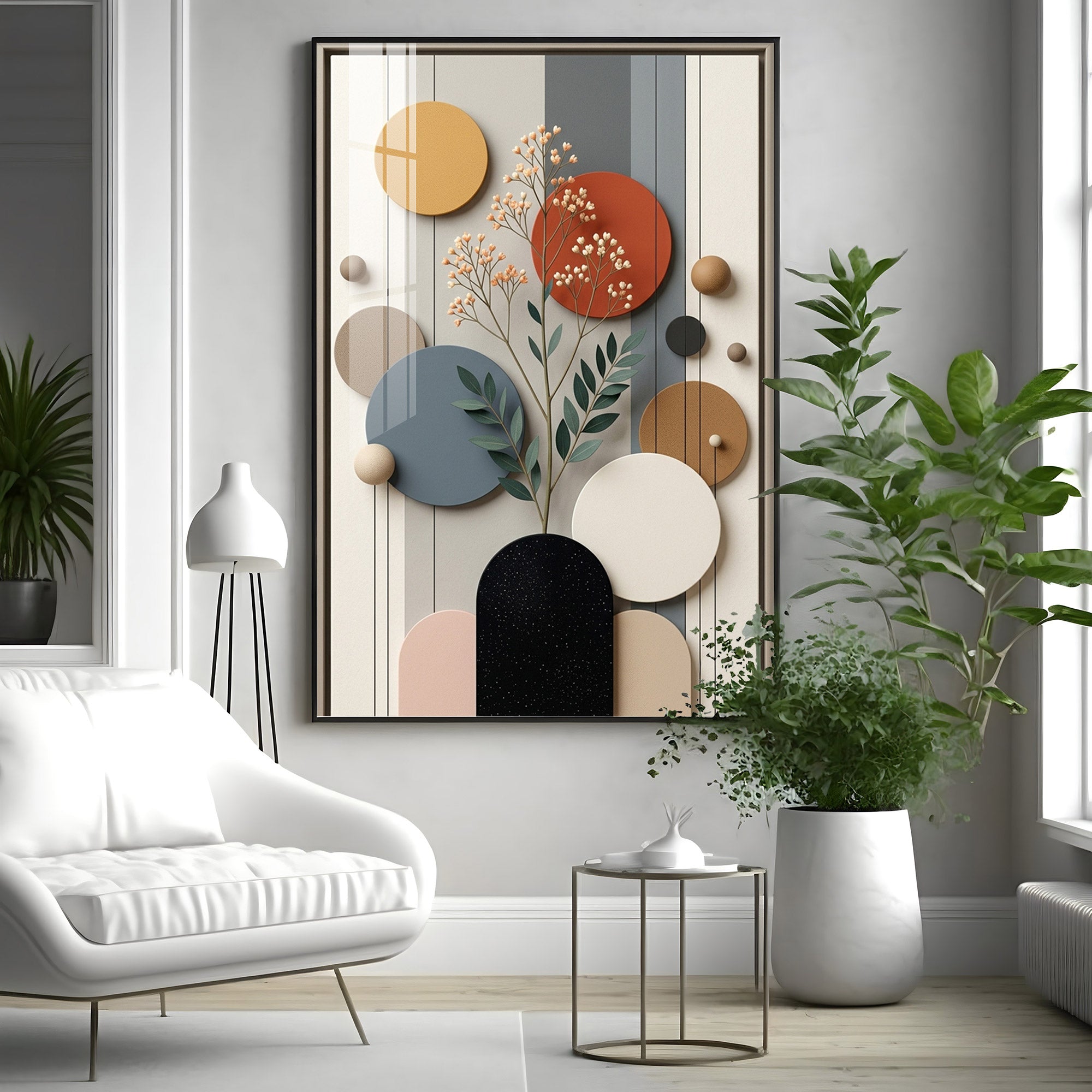 Modern Geometric Spheres with Floral Branch Premium Acrylic Vertical Wall Art