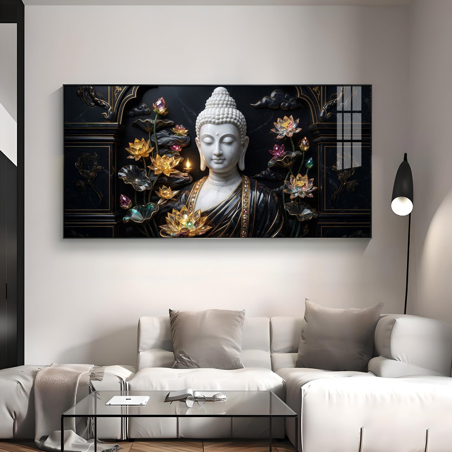 Buddha's Floral Embrace Premium Acrylic Horizontal Wall Art