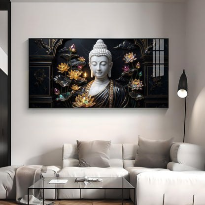 Buddha's Floral Embrace Premium Acrylic Horizontal Wall Art