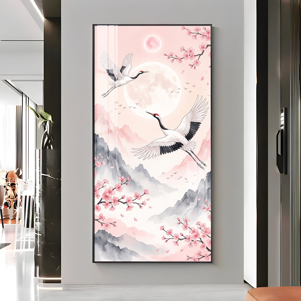 Flying Crane Birds & Cherry Blossom Premium Acrylic Vertical Wall Art