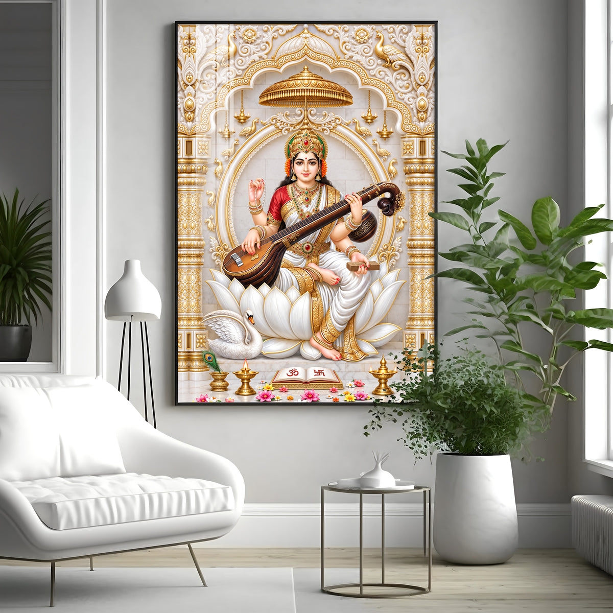 Divine Saraswati Devi Premium Acrylic Vertical Wall Art