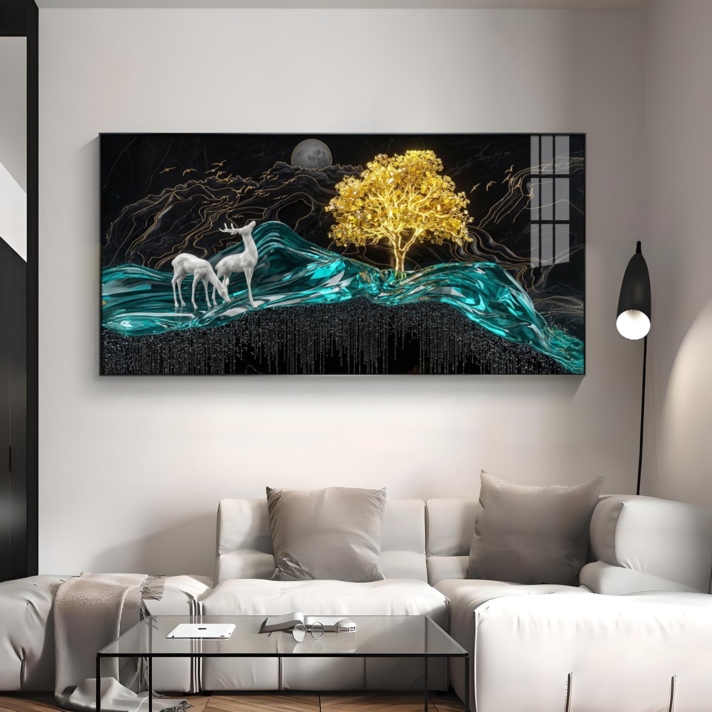 Deer With Golden Tree Harmony Premium Acrylic Horizontal Wall Art