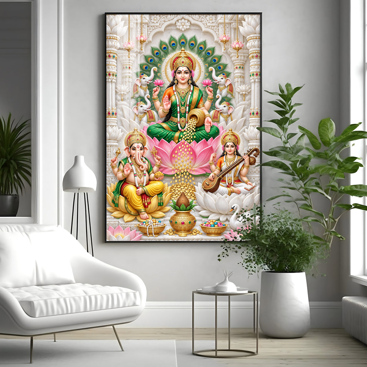 Lakshmi Saraswati Ganesha Peacock Halo Premium Acrylic Vertical Wall Art