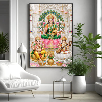 Lakshmi Saraswati Ganesha Peacock Halo Premium Acrylic Vertical Wall Art