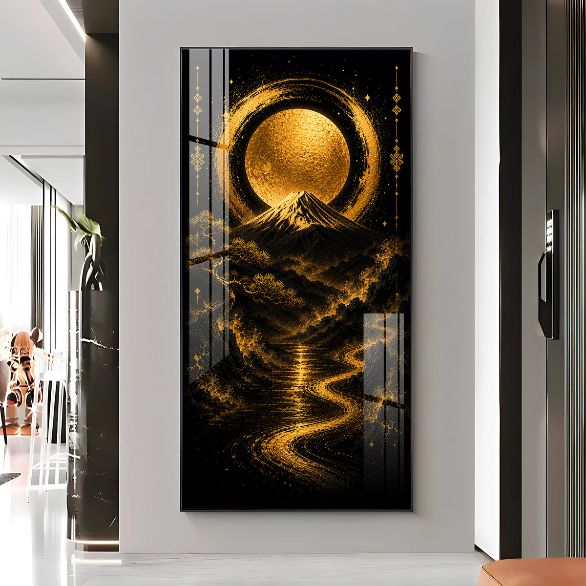 Golden Moon & Sacred Mountain Landscape Premium Acrylic Vertical Wall Art
