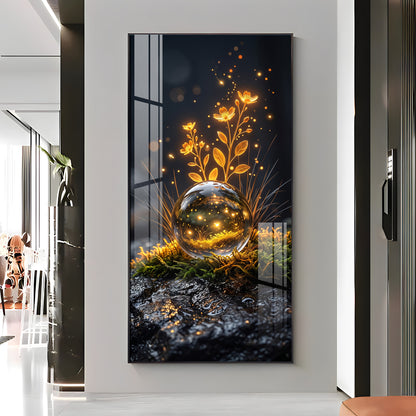 Glowing Crystal Orb & Golden Flowers Premium Acrylic Vertical Wall Art