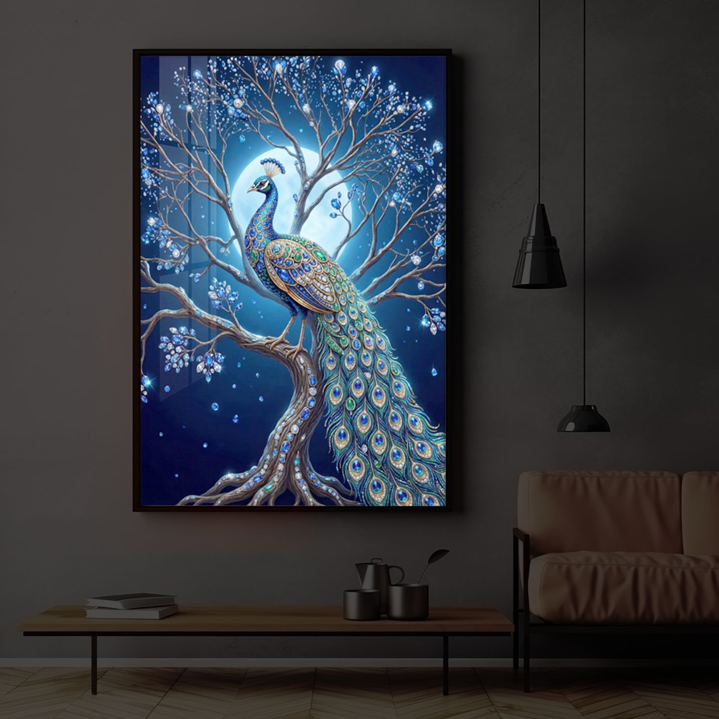 Blue Peacock Modern Luxury Backlight Vertical Wall Art