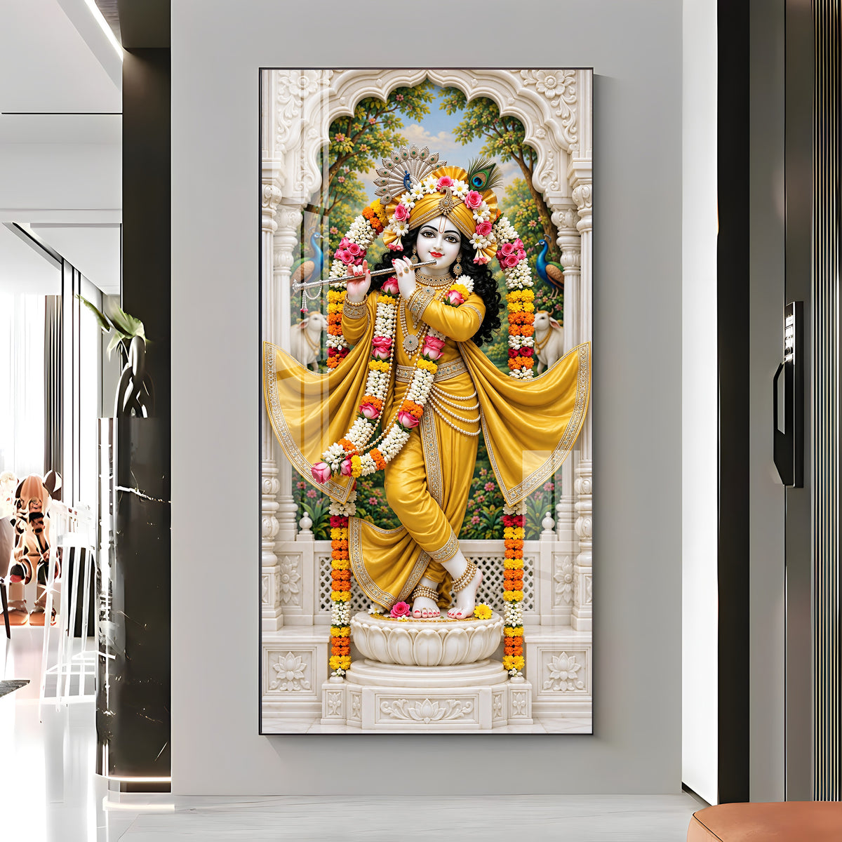 Krishna in Yellow Dress Premium Acrylic Vertical Wall Art