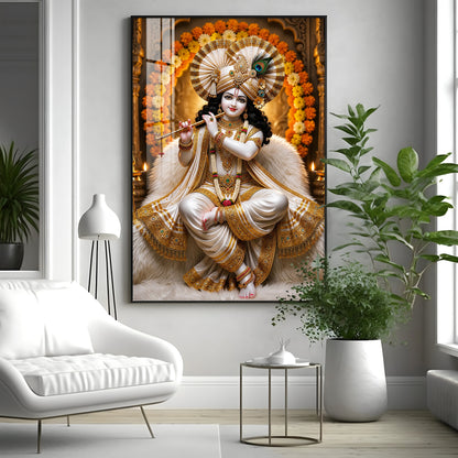 Beautiful Lord Krishna Playing The Flute Premium Acrylic Vertical Wall Art