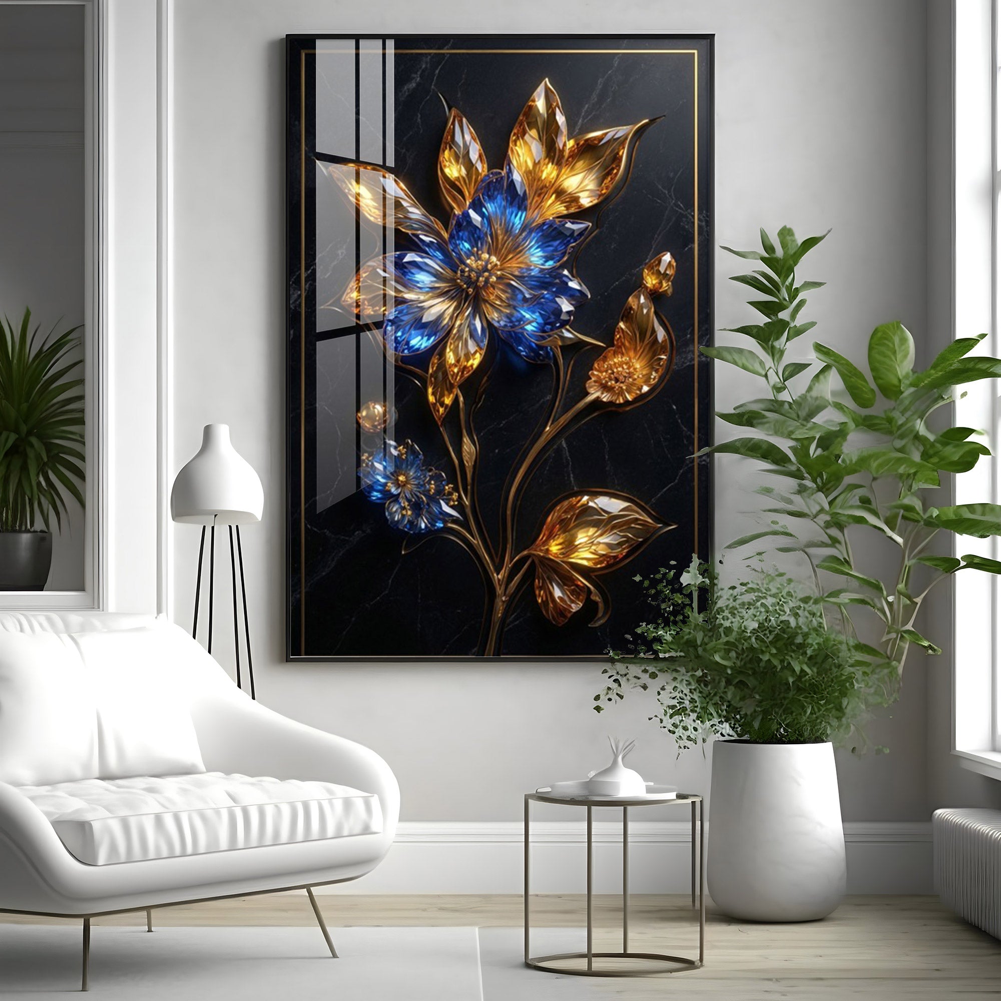Blue & Gold Flower Premium Acrylic Vertical Wall Art