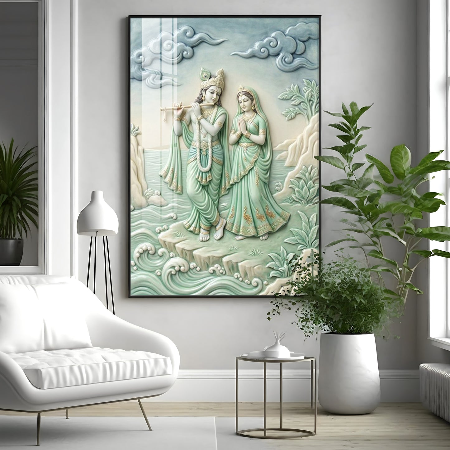 Krishna Playing The Flute Beside Radha Premium Acrylic Vertical Wall Art