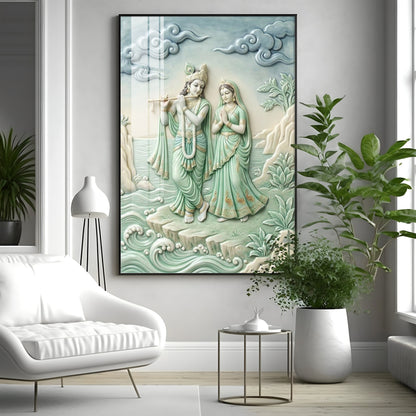 Krishna Playing The Flute Beside Radha Premium Acrylic Vertical Wall Art