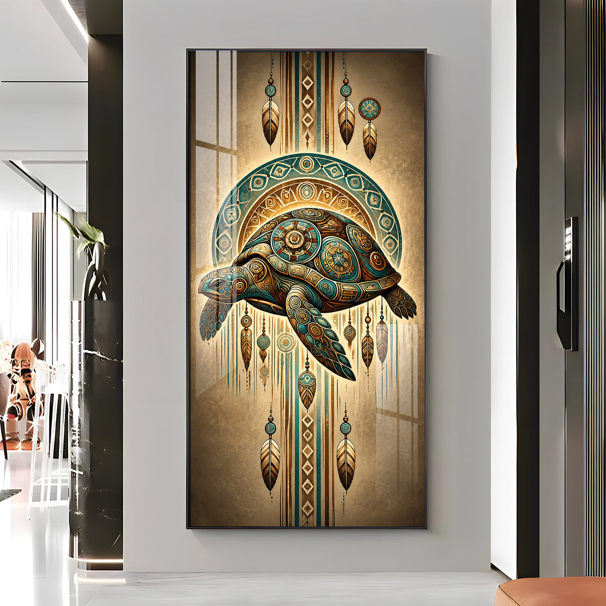 Tribal Patterned Sea Turtle & Feathers Premium Acrylic Vertical Wall Art