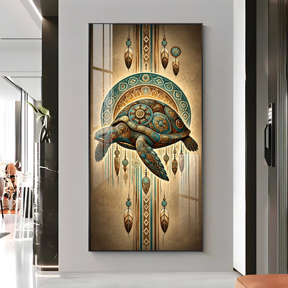 Tribal Patterned Sea Turtle & Feathers Premium Acrylic Vertical Wall Art