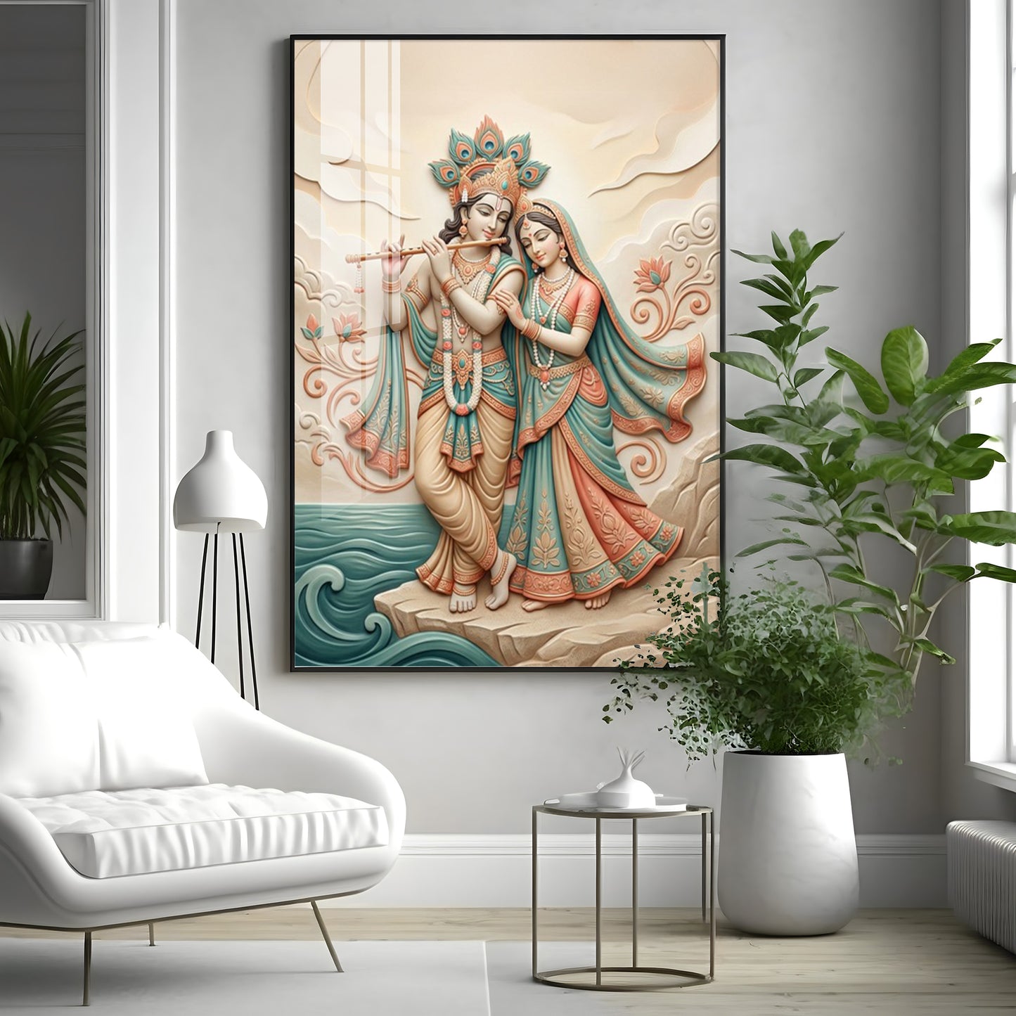 Radha Krishna Standing Together Premium Acrylic Vertical Wall Art