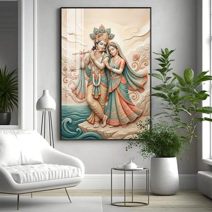 Radha Krishna Standing Together Premium Acrylic Vertical Wall Art