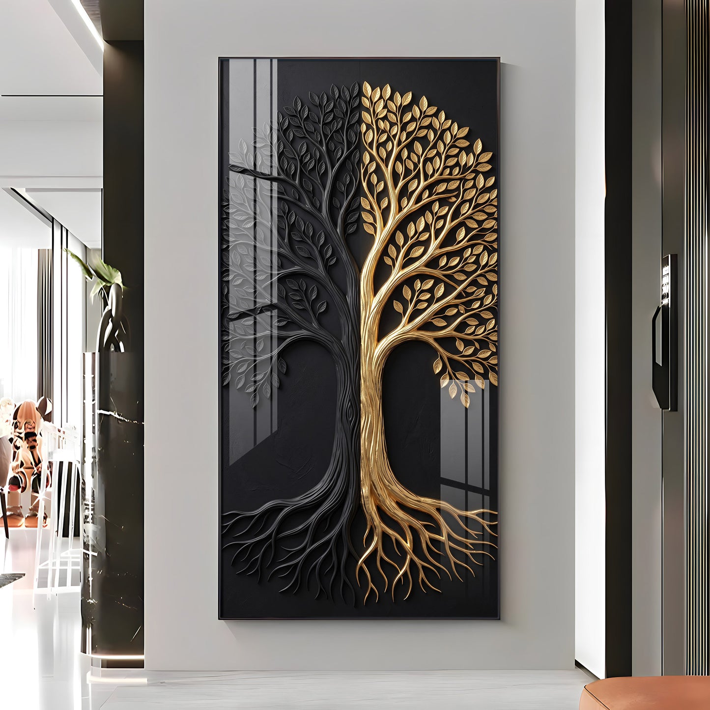 Dual Tone Black and Metallic Gold Tree Premium Acrylic Vertical Wall Art