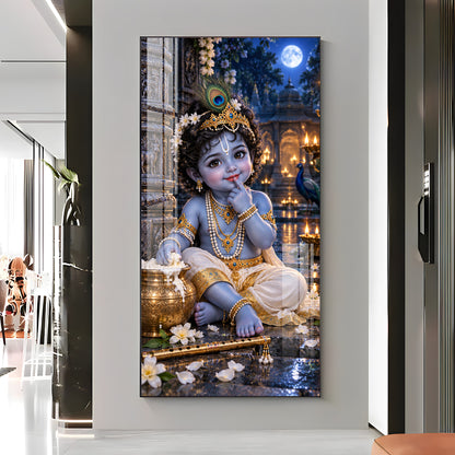 Little Krishna Eating Makhan Premium Acrylic Vertical Wall Art