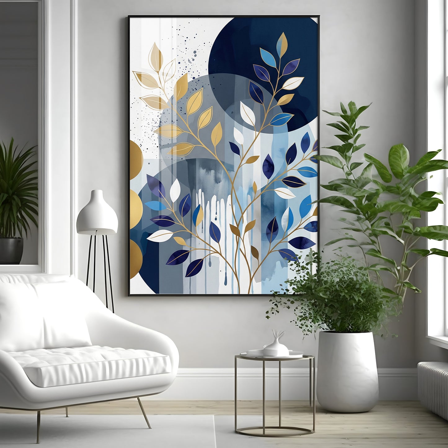 Colourfull Leaves Against Blue & Gold Circles Premium Acrylic Vertical Wall Art