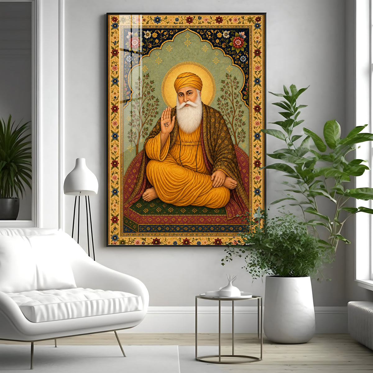 Guru Nanak Dev Ji Floral Border Premium Acrylic Vertical Wall Art